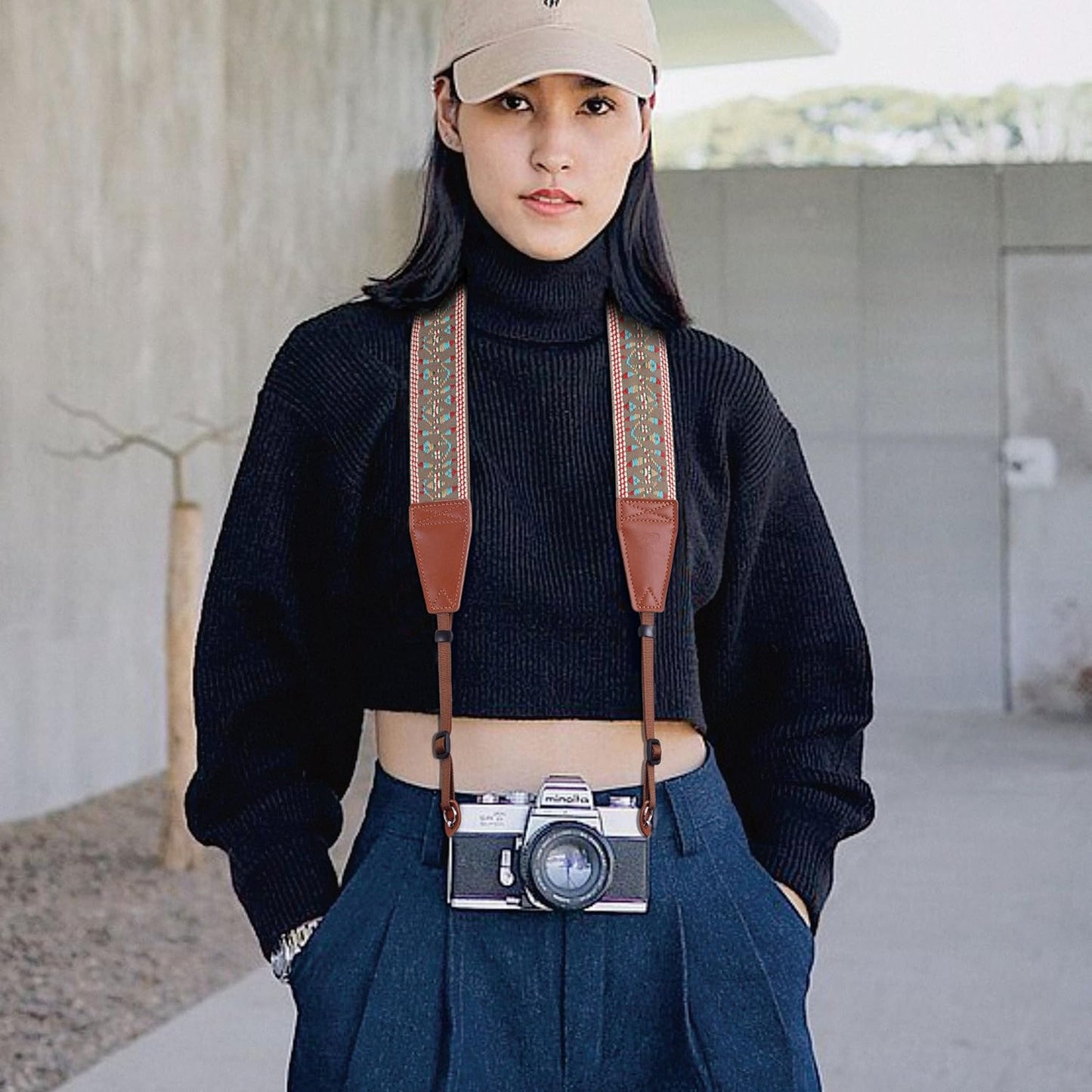 Padwa Lifestyle Matte Gold Camera Strap - 2" Full Grain Leather Ends Camera Straps for Photographers, Vintage Embroidered Cotton Weave Soft Suede Fabric Padded Strap Quick Release fits All Cameras