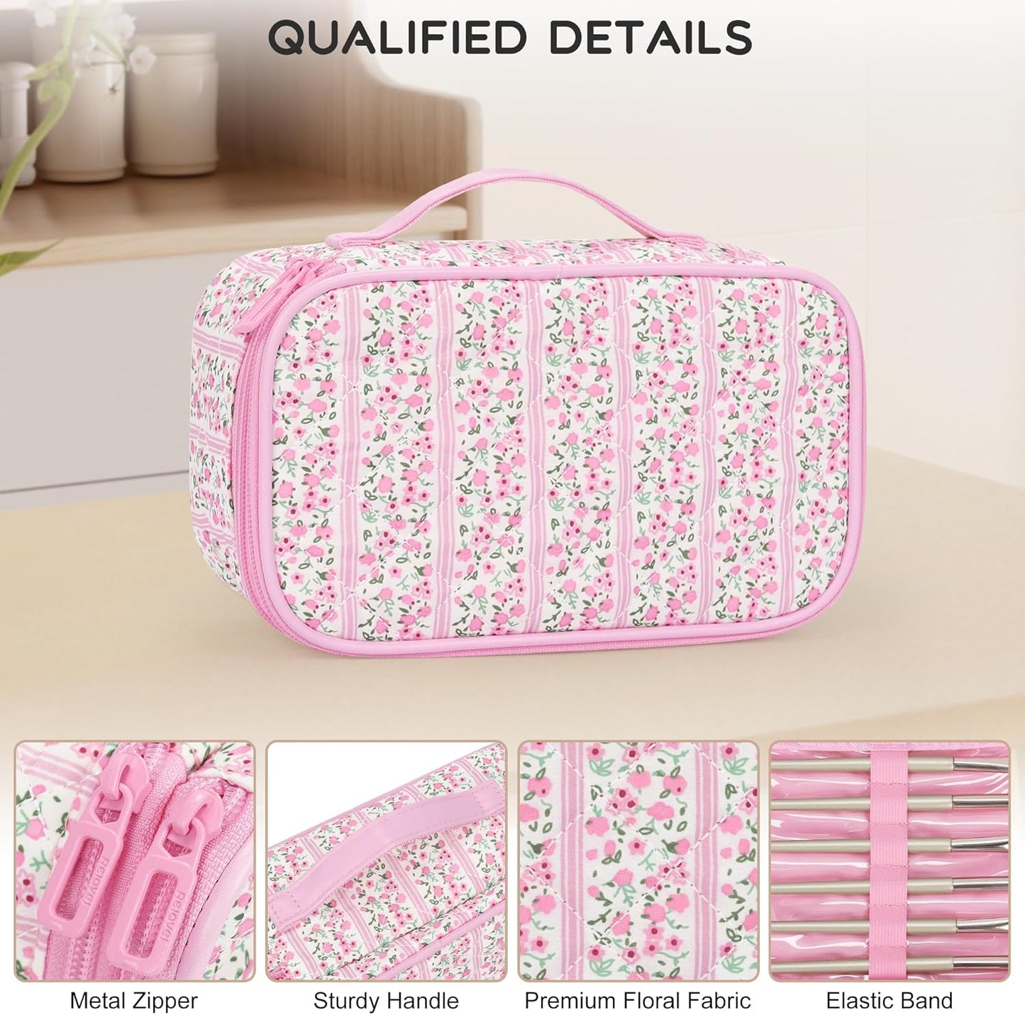 Relavel Cute Makeup Bag for Girls, Portable Pink Cosmetic Bag, Dual-layer Makeup Pouch with Brush Holder, Multi-Functional Preppy Toiletry Organizer for Travel, Daily Use - Pink Flower
