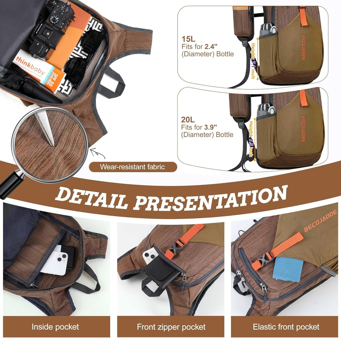 15L Small Hiking Backpack for Men Women Foldable Packable Back Pack Ultralight Hiking Daypack for Travel Camping Outdoor, Chocolate Brown