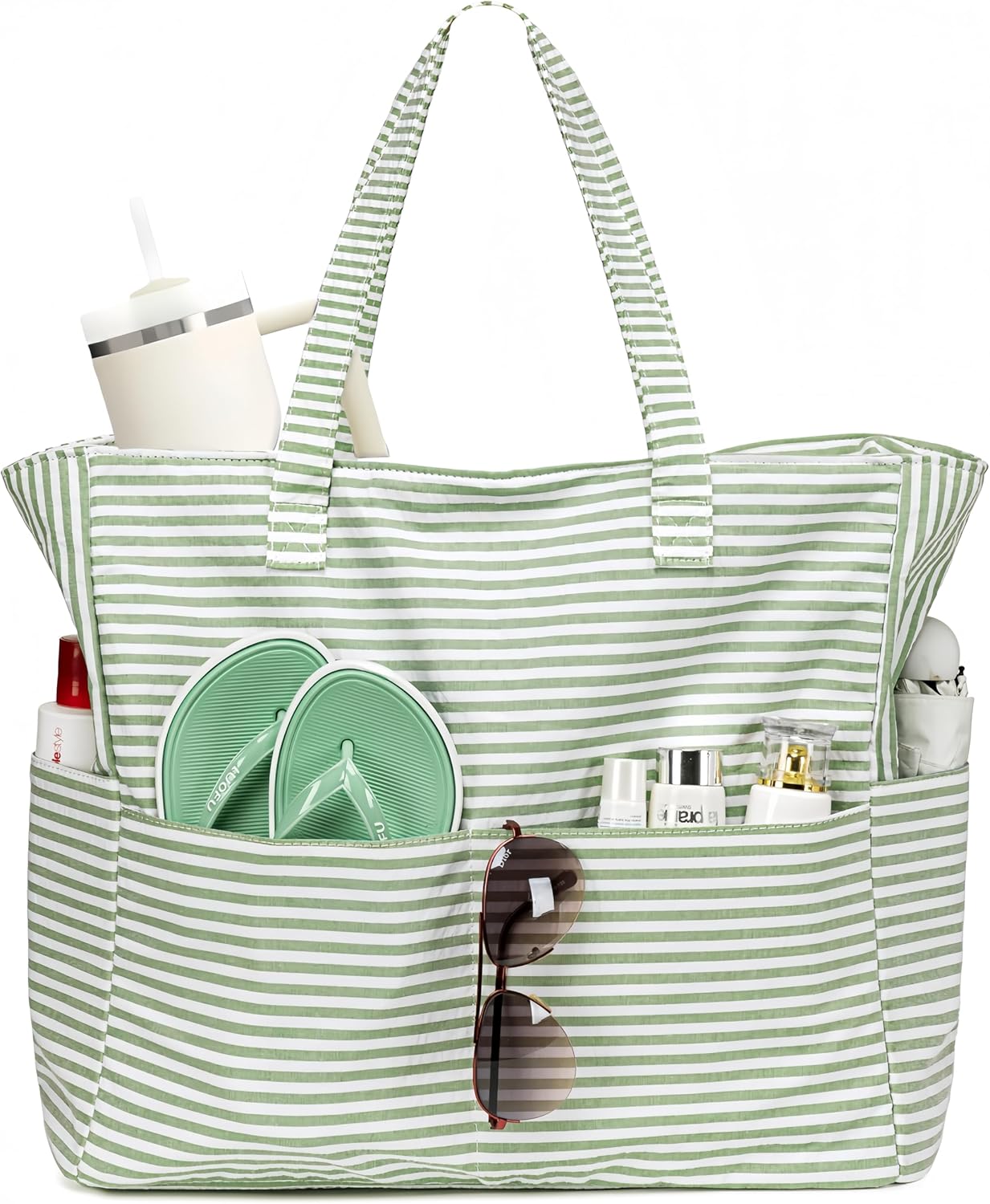 LEDAOU Large Beach Tote Bag Women Waterproof Sandproof Zipper Beach Tote Bag for Pool Gym Grocery Travel with Wet Pocket