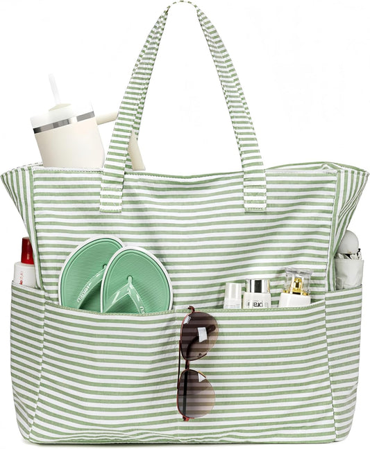LEDAOU Large Beach Tote Bag Women Waterproof Sandproof Zipper Beach Tote Bag for Pool Gym Grocery Travel with Wet Pocket