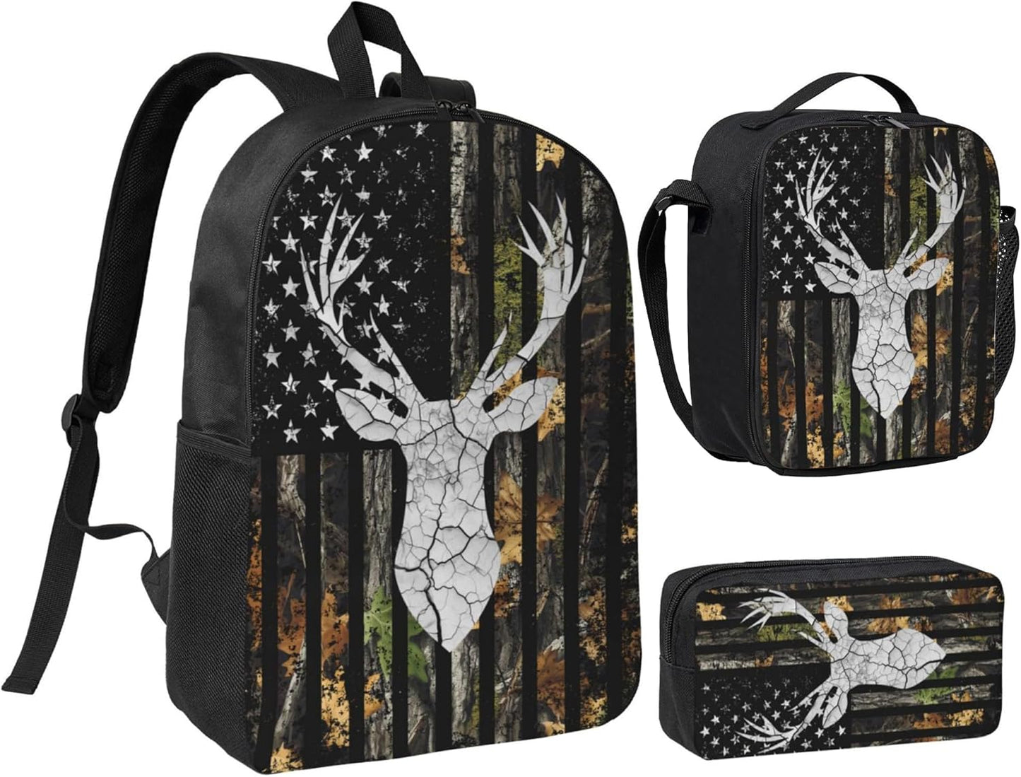Deer Hunting Kid Backpack Set with Lunch Bag & Pencil Case Large Capacity School Bag 17 Inch Bookbag for Boy Girl