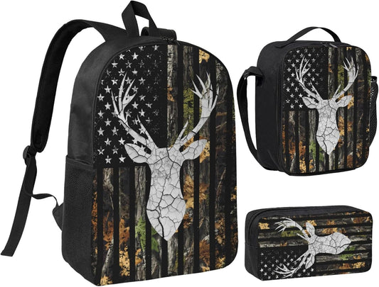 Deer Hunting Kid Backpack Set with Lunch Bag & Pencil Case Large Capacity School Bag 17 Inch Bookbag for Boy Girl