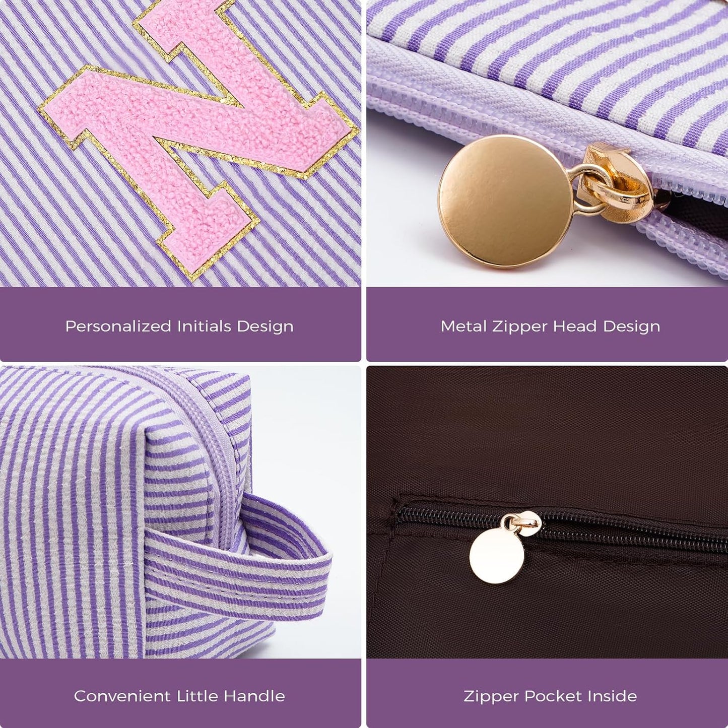 Personalized Makeup Bag for Women Girls - Fashion Cosmetic Bag Trendy Travel Toiletry Bag with Initials Letter - Teen Gifts - Lavender,N