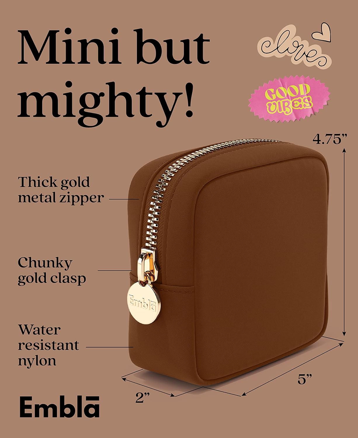 Embla Makeup Bag Travel Cosmetics Pouch and Toiletry Bag, Nylon Zipper Pouch Purse, Cute Make Up Organizer Storage Tote for Women Girls, Waterproof Travel Skincare Case, Small Makeup Bags, Chocolate