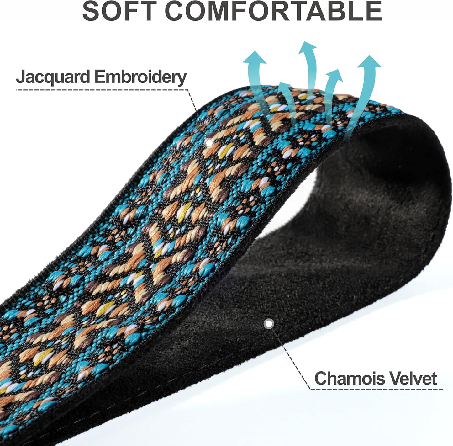 Padwa Lifestyle Boho Blue Camera Strap - 2" Full Grain Leather Ends Camera Straps for Photographers, Vintage Embroidered Cotton Weave Soft Suede Fabric Padded Strap Quick Release fits All Cameras