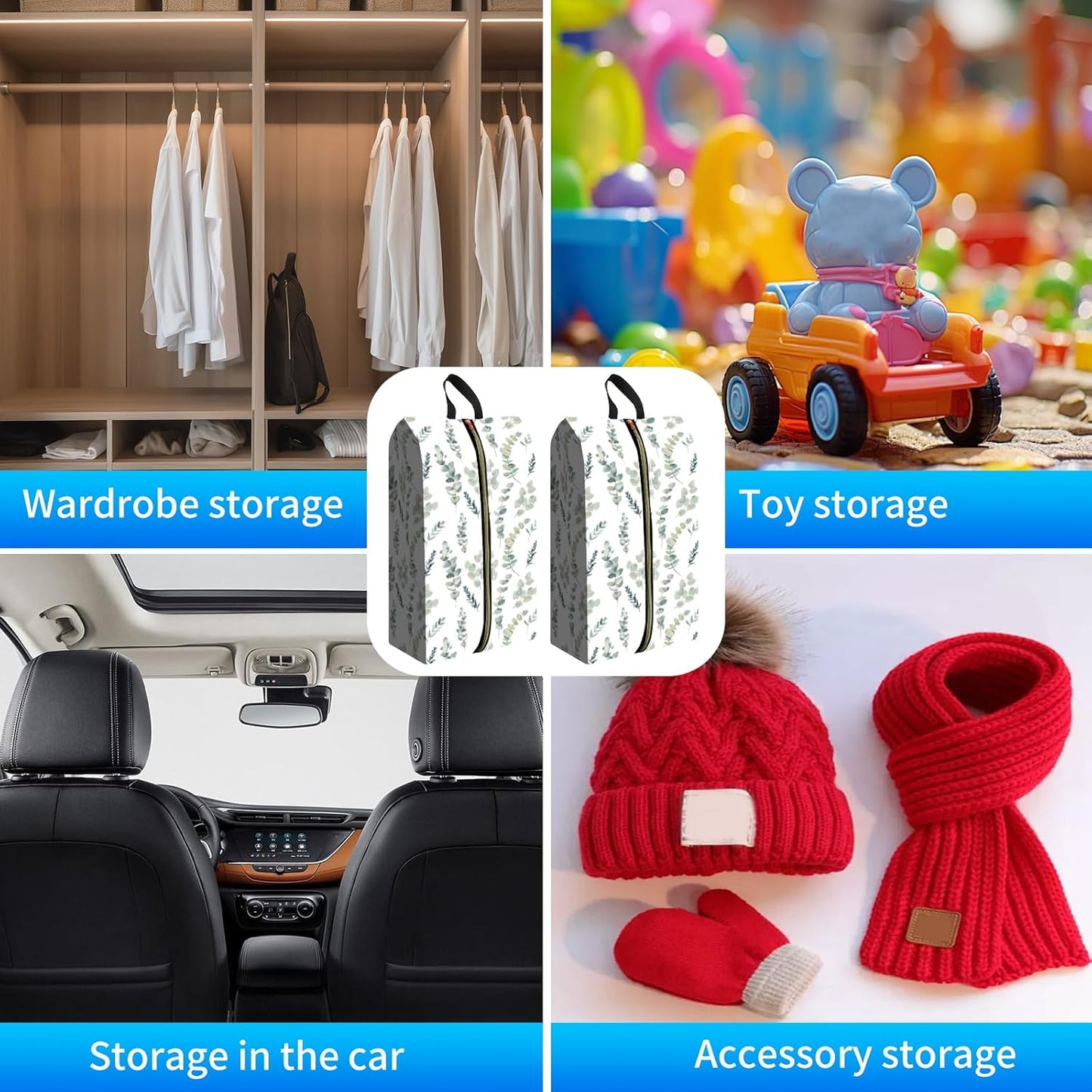 2pcs Shoe Organizer for Travel, Packing Shoe Travel Bags, Cute Shoe Bag with Zipper & Handle, Portable Travel Essentials for Women and Men Watercolor Green Leaf