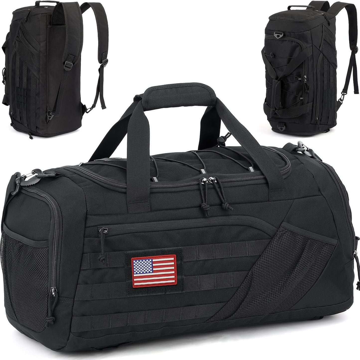 3-in-1 Tactical Gym & Travel Duffle Bag Backpack Men Multi-Functional 45L Military Sports Duffle Bag with Shoe Compartment & Wet Pocket for Workout Weekender Overnight Bag with Molle Webbing, Black