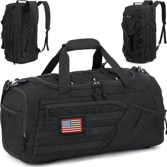 3-in-1 Tactical Gym & Travel Duffle Bag Backpack Men Multi-Functional 45L Military Sports Duffle Bag with Shoe Compartment & Wet Pocket for Workout Weekender Overnight Bag with Molle Webbing, Black