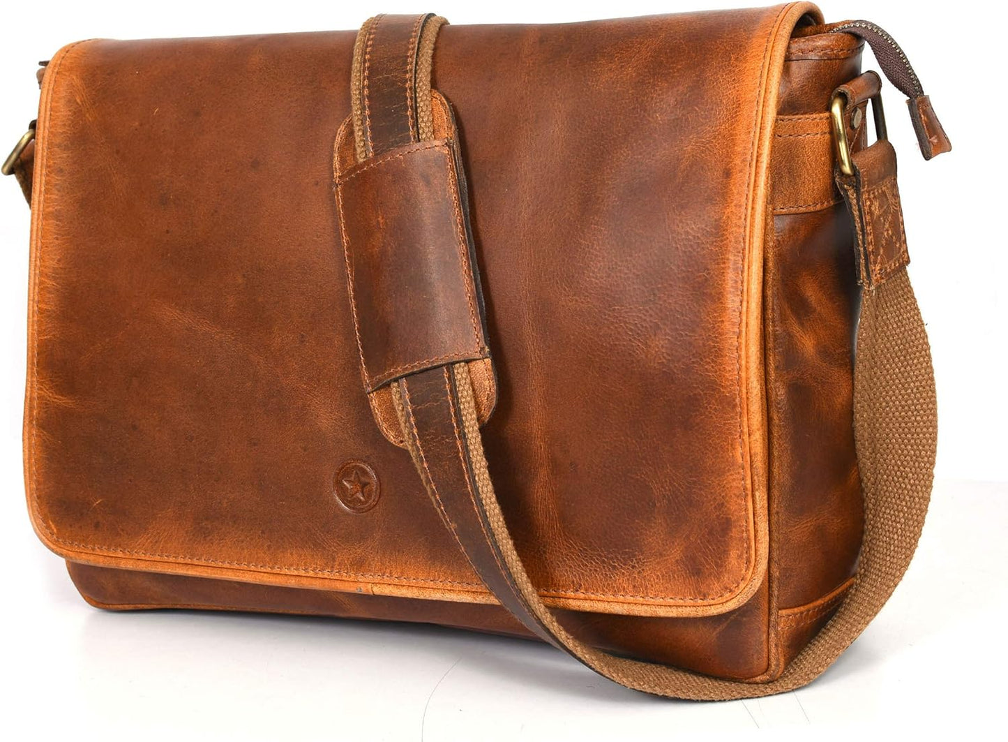 16" Crossbody Bag Leather Laptop Messenger Bag For Men with trolley sleeve for school office (Caramel)