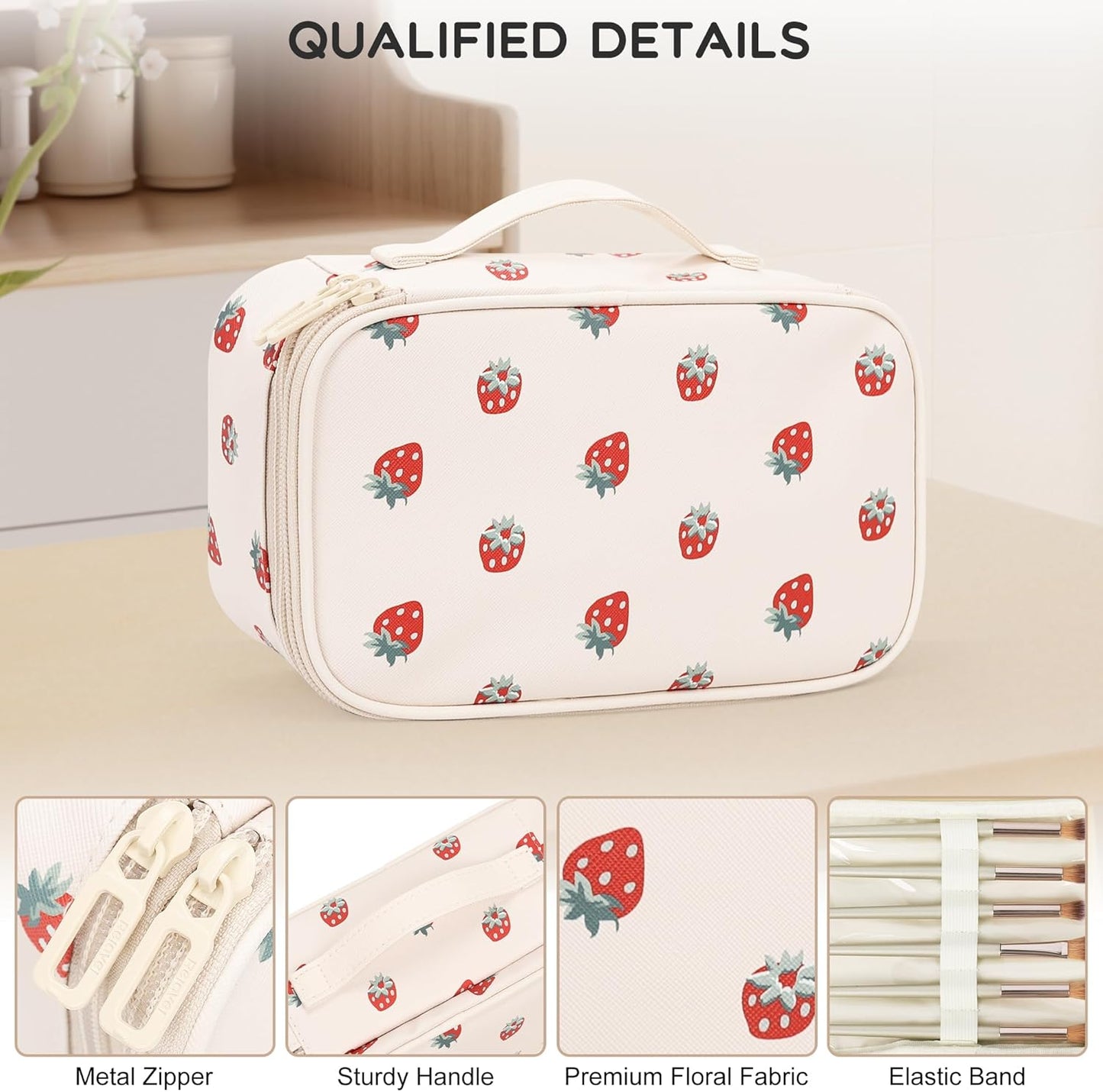 Relavel Makeup Bag, Small Makeup Bag for Women, Travel Cosmetic Bag, 2 Layers Waterproof Makeup Organizer Storage with Makeup Brush Holder, White Straberry