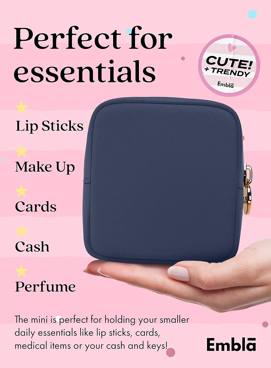 Embla Makeup Bag Travel Cosmetics Pouch and Toiletry Bag, Nylon Zipper Pouch Purse, Cute Make Up Organizer Storage Tote for Women Girls, Travel Skincare Case, Small Makeup Bags, Sapphire