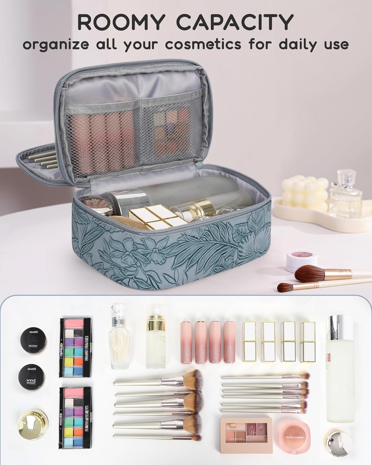 Relavel Cute Makeup Bag for Girls, Portable PU Leather Cosmetic Bag, Dual-layer Makeup Pouch with Brush Holder, Multi-Functional Preppy Toiletry Organizer for Travel, Daily Use - Flora Butterfly