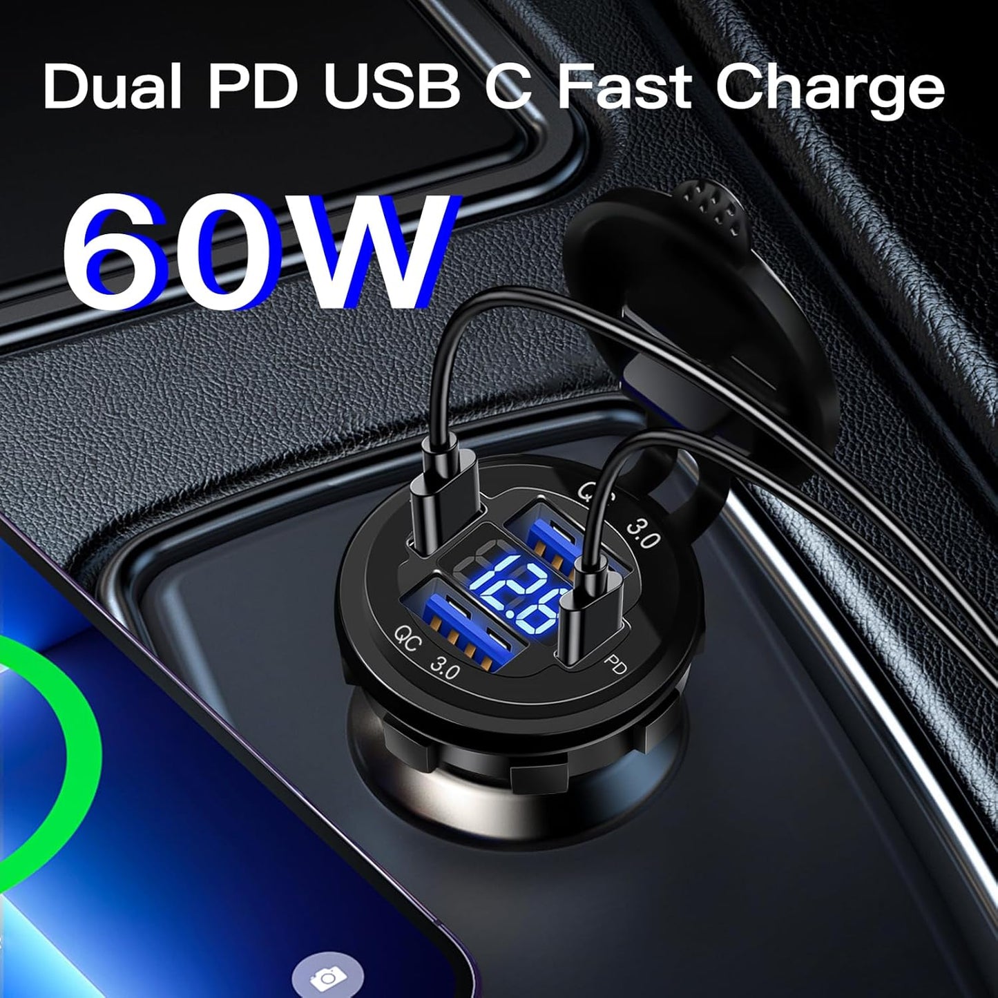 2 Pack 4 Port 12V Aluminum Car Charger - 78W Dual PD & QC Multiple USB Port Socket with Voltmeter, USB C Outlet, 12 Volt Cigarette Outlet Replacement for Marine Boat RV Truck Golf Cart Bus