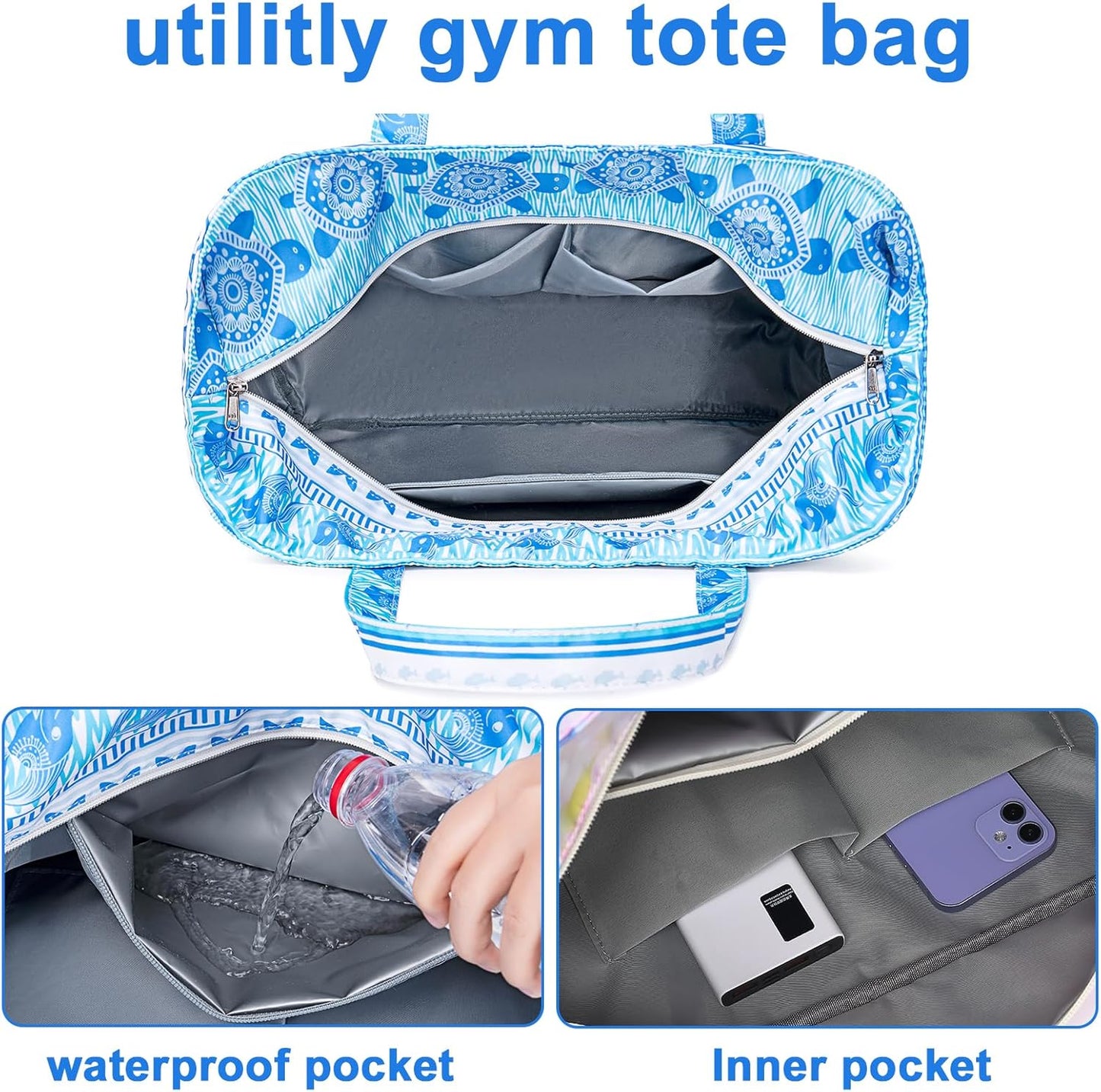 LEDAOU Beach Bag Waterproof Sandproof Women Tote Bag Pool Bag with Zipper for Gym Grocery Travel with Wet Pocket