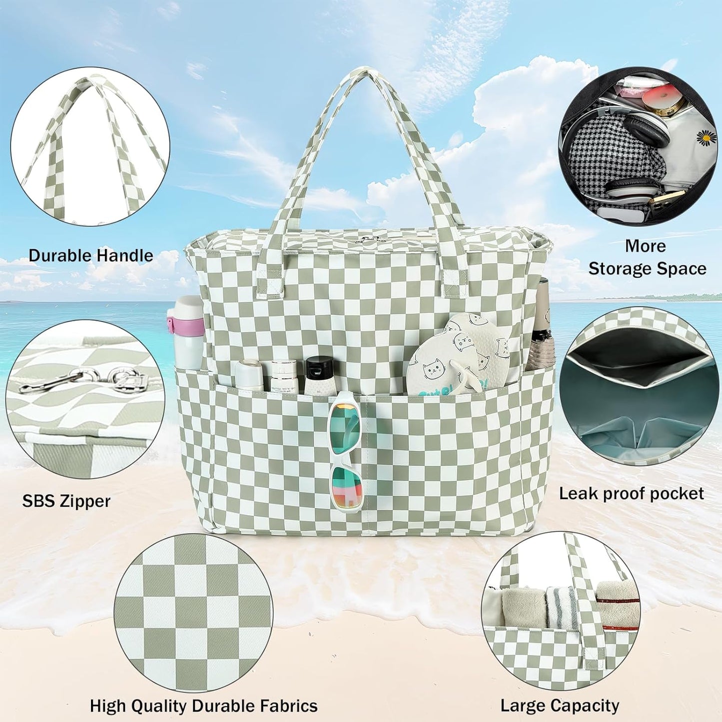 LEDAOU Beach Bag Waterproof Sandproof Women Tote Bag Pool Bag with Zipper for Gym Grocery Travel with Wet Pocket