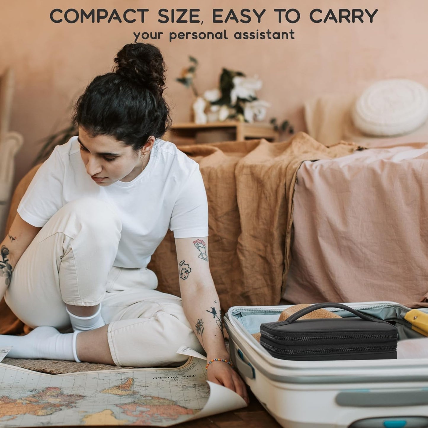 Relavel Makeup Bag Small for Women, Portable Cute Travel Cosmetic Bag, 2-Layers Design with Makeup Brush Compartment for Girls, Preppy Make Up Organizer for Travel Essentials Toiletries, Black