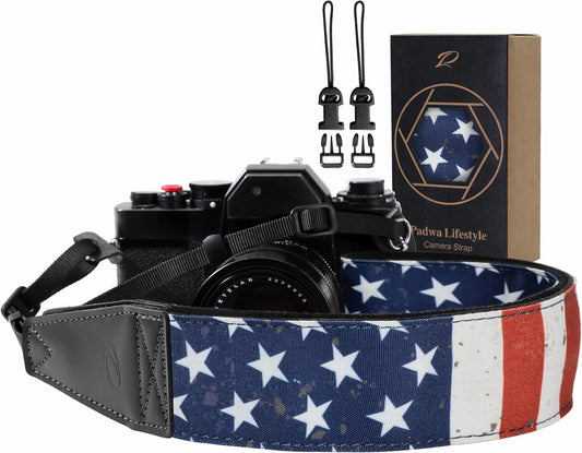 Padwa Lifestyle American Flag Print Camera Strap - 2" Full Grain Leather Ends, Vintage Flag Pattern Camera Straps for Photographers, Soft Chamois Velvet Padded Strap Quick Release fits All Cameras