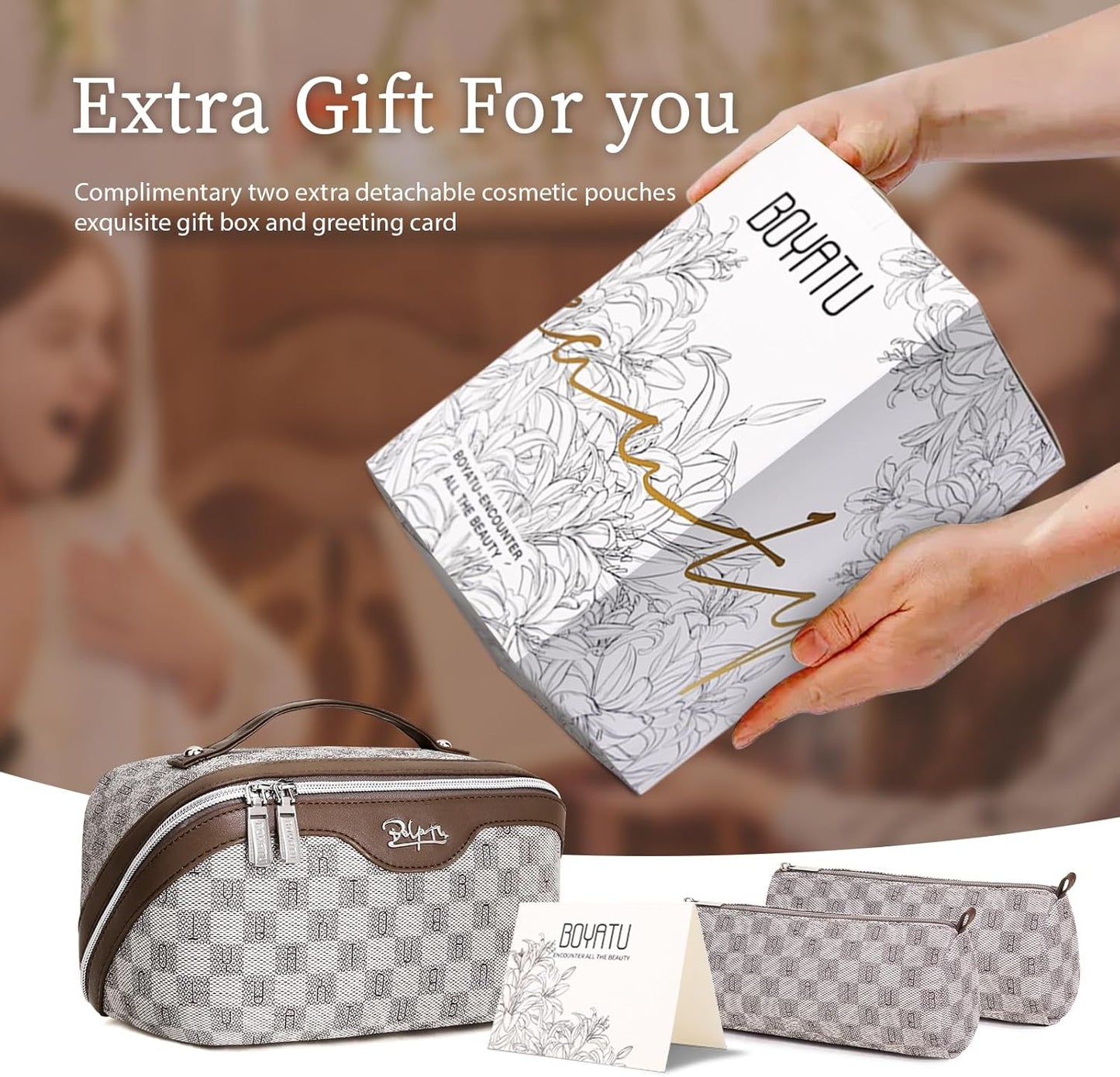 BOYATU Travel Makeup Bag Cosmetic Bags for Women: Large Make up Bags Set of 3 - Portable Makeup Organizer with Compartments&Handle&Divider - Waterproof PU Leather Toiletry Bag(C-1-Light Brown)