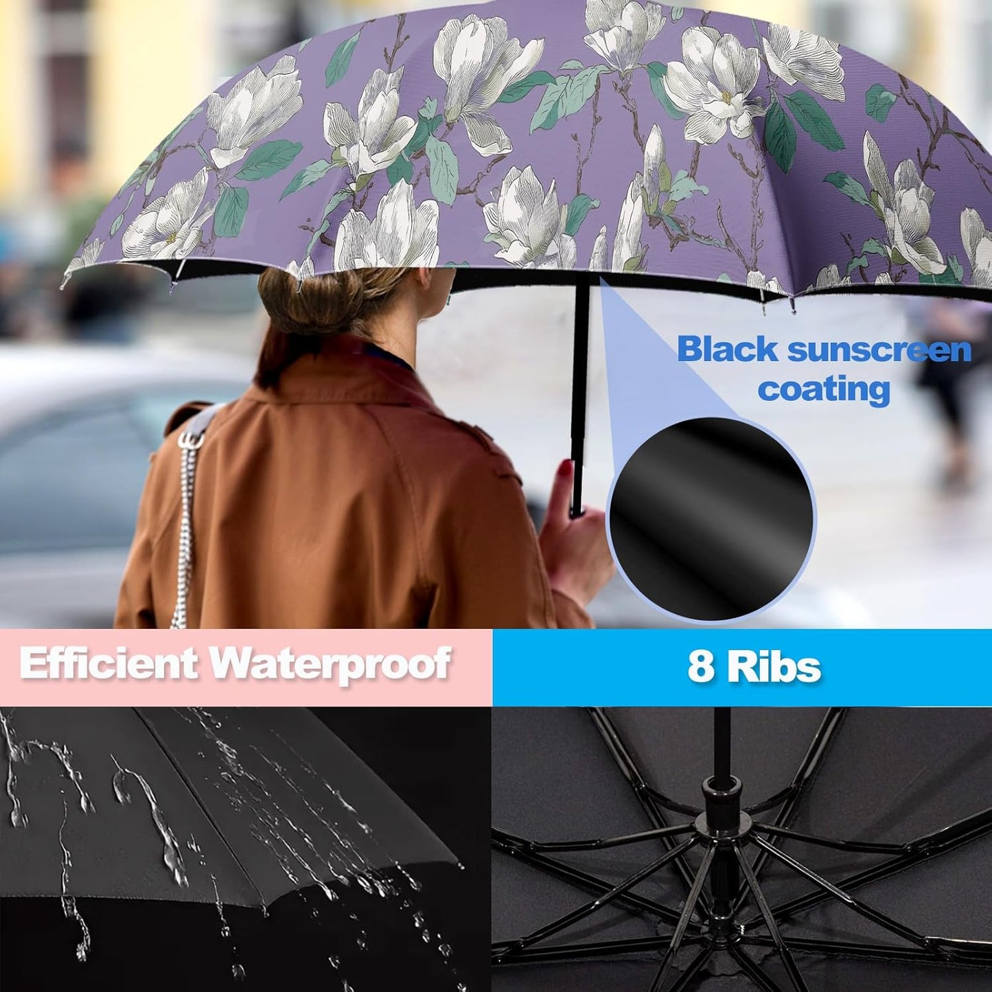 Small Travel Folding Umbrella for Girl, Portable, UV, SunShade, Compact, Automatic, Rain & Wind