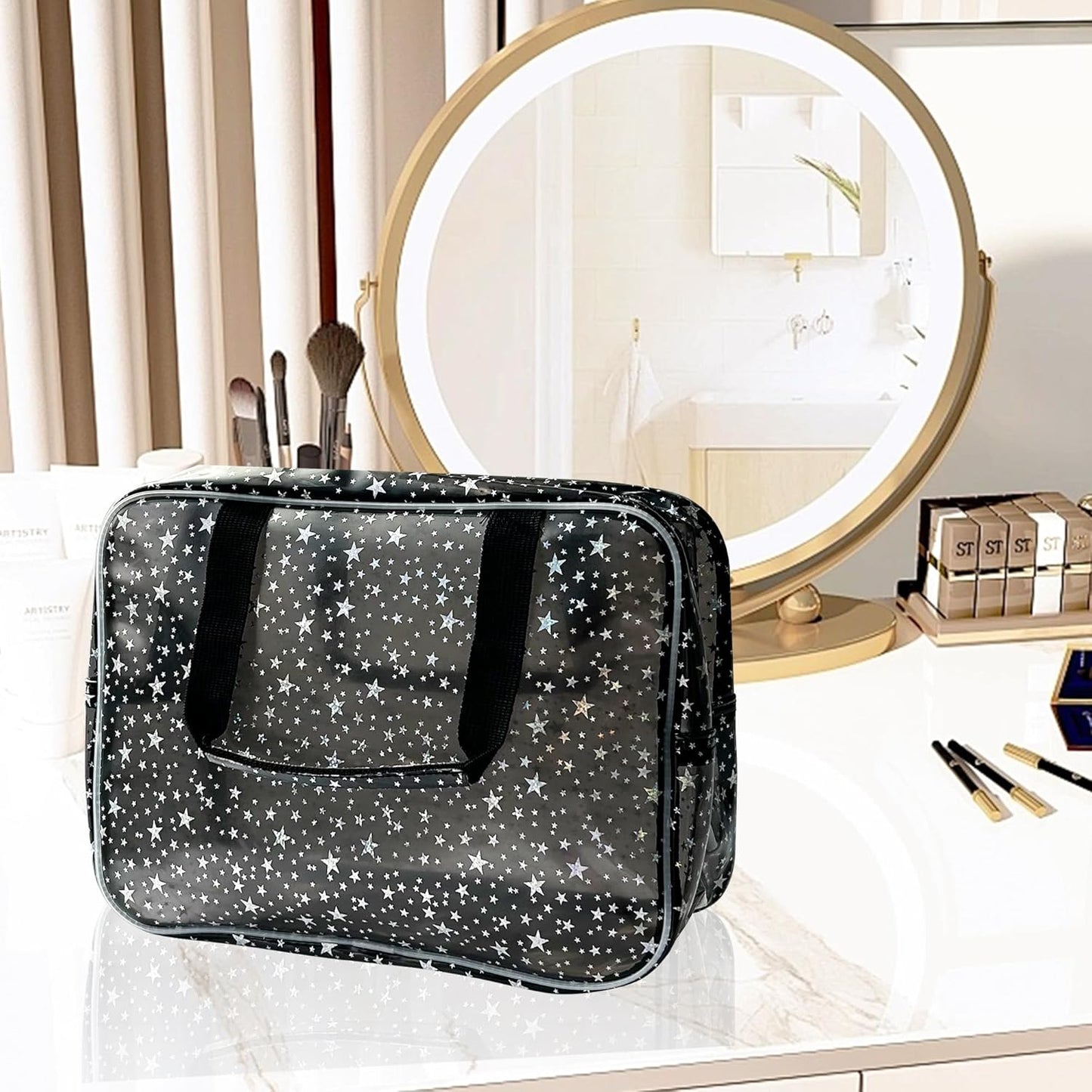 ONEART Waterproof PVC Cosmetic Bag - Clear Makeup Pouch for Travel Toiletry Organizer - Wrinkle-Resistant & Lightweight (1-Pack) (Black)