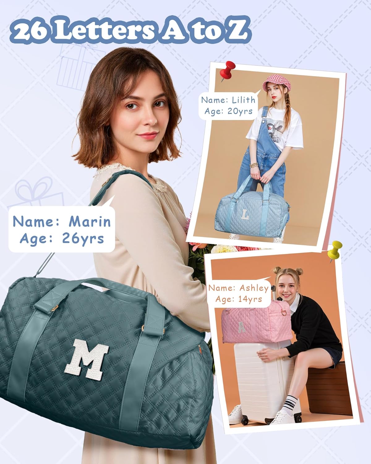 Personalized Duffle Bag Women Girls Gift: Letter Carry on bags, Dance Cheer bag Sports for Girl, Kid Gymnastics Bags, Birthday Gifts for Women Girls Kids Teens Mom Teacher