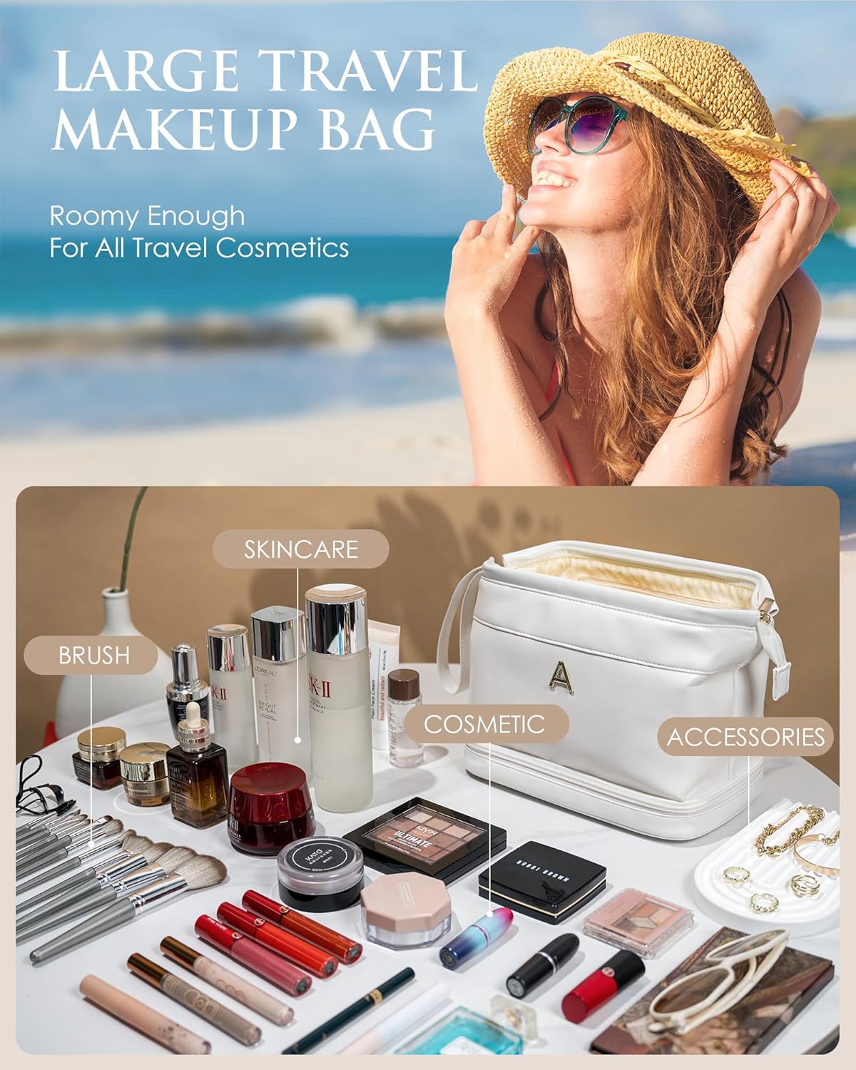 Bridal Shower Gifts, Cosmetic Bags for Women, Initial Makeup Bag, Women Gifts,Beach Bag Essentials Cosmetic Bag with Makeup Brush Organizer, Toiletry Bag Mothers Gifts