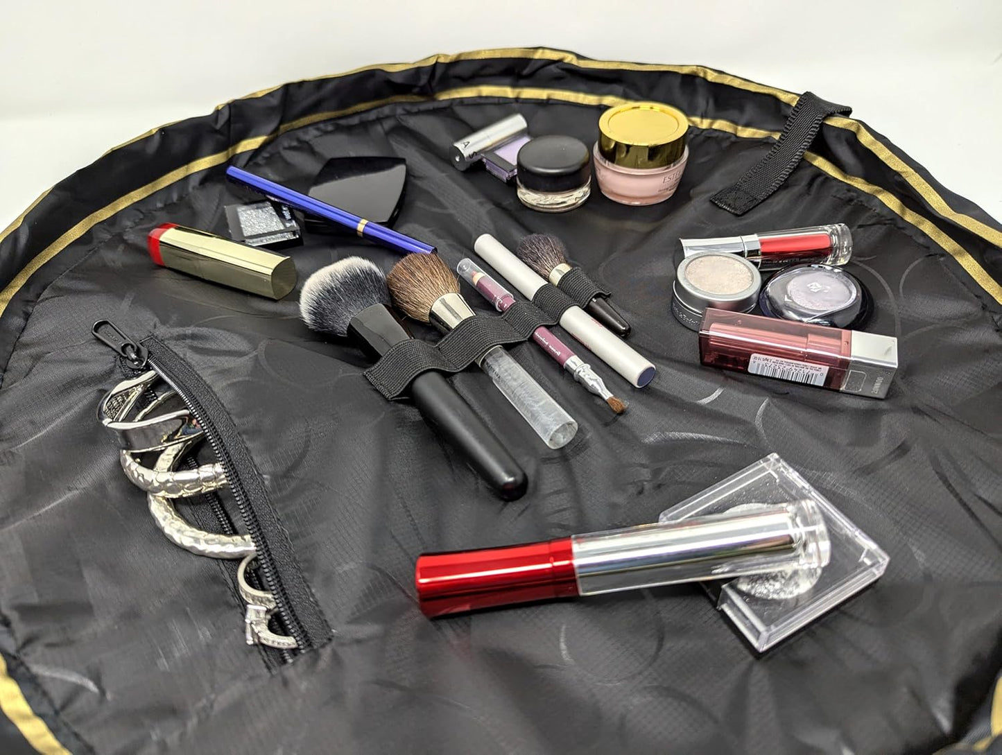 Lay-n-Go Cosmo Drawstring Cosmetic & Makeup Bag Organizer - Portable Drawstring Makeup Bag w/Zipper Pocket, Makeup Loops & More - Durable, Machine Washable Toiletry Bag (20", Black & Gold)