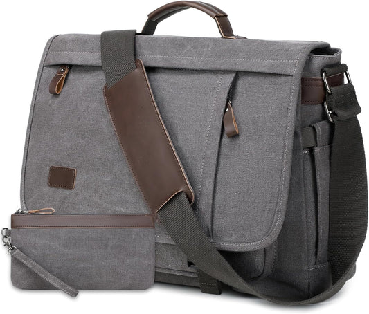 17.3 Inch Messenger Bag for Men: 2PCS Laptop Bag PU Leather Canvas Work Briefcase Large Office