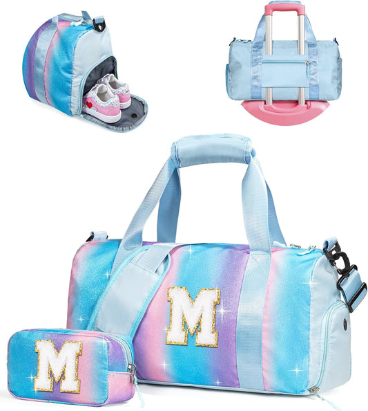 Gifts for 3 4 5 6 7 8 9 10 Year Old Girls-Girl Gym Bag with Shoe Compartment, Kid Personalized Weekender Overnight Bags, Initial Travel Tote with Makeup Pouch, Gift Ideas for Kids (Letter M)