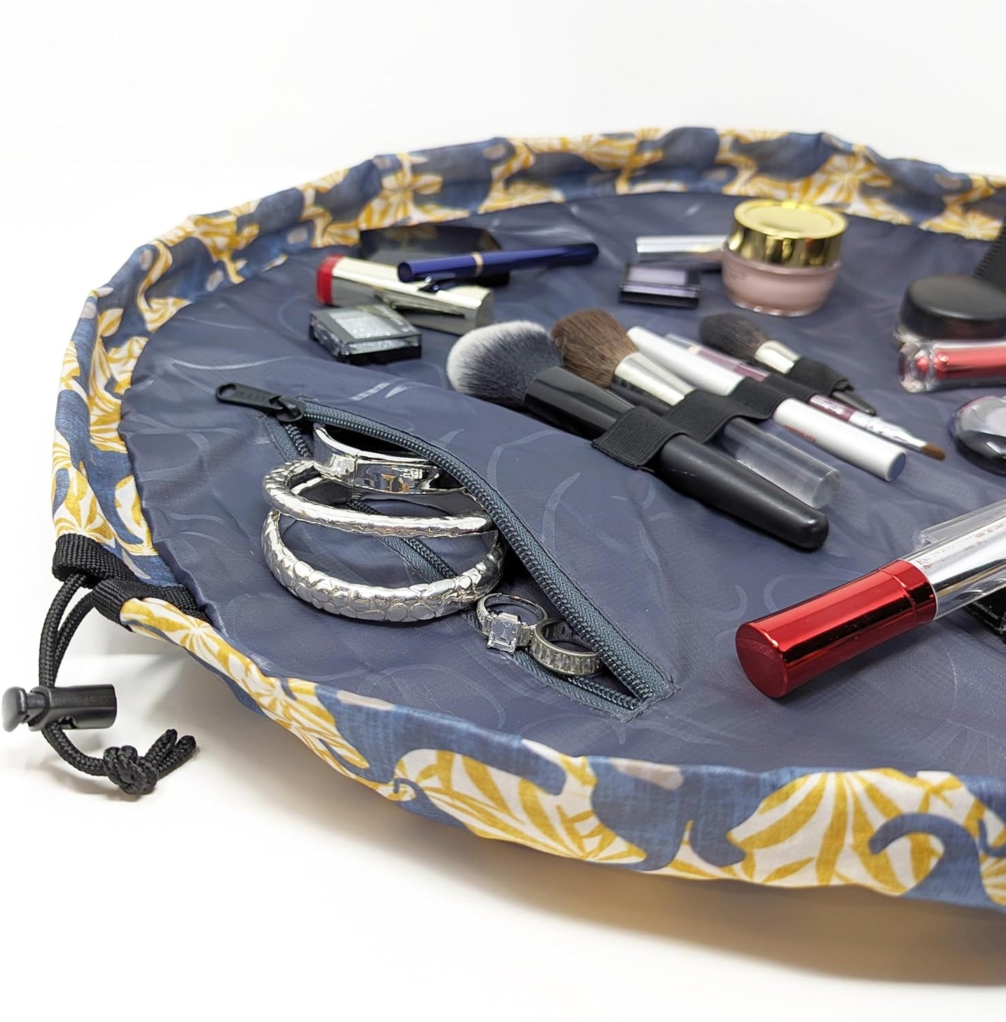 Lay-n-Go Cosmo Layflat Drawstring Cosmetic & Makeup Bag Organizer - Portable Drawstring Bag w/Zipper Pocket, Makeup Loops & More - Durable, Machine Washable Costmeic Bag for Travel (20", Elephants)