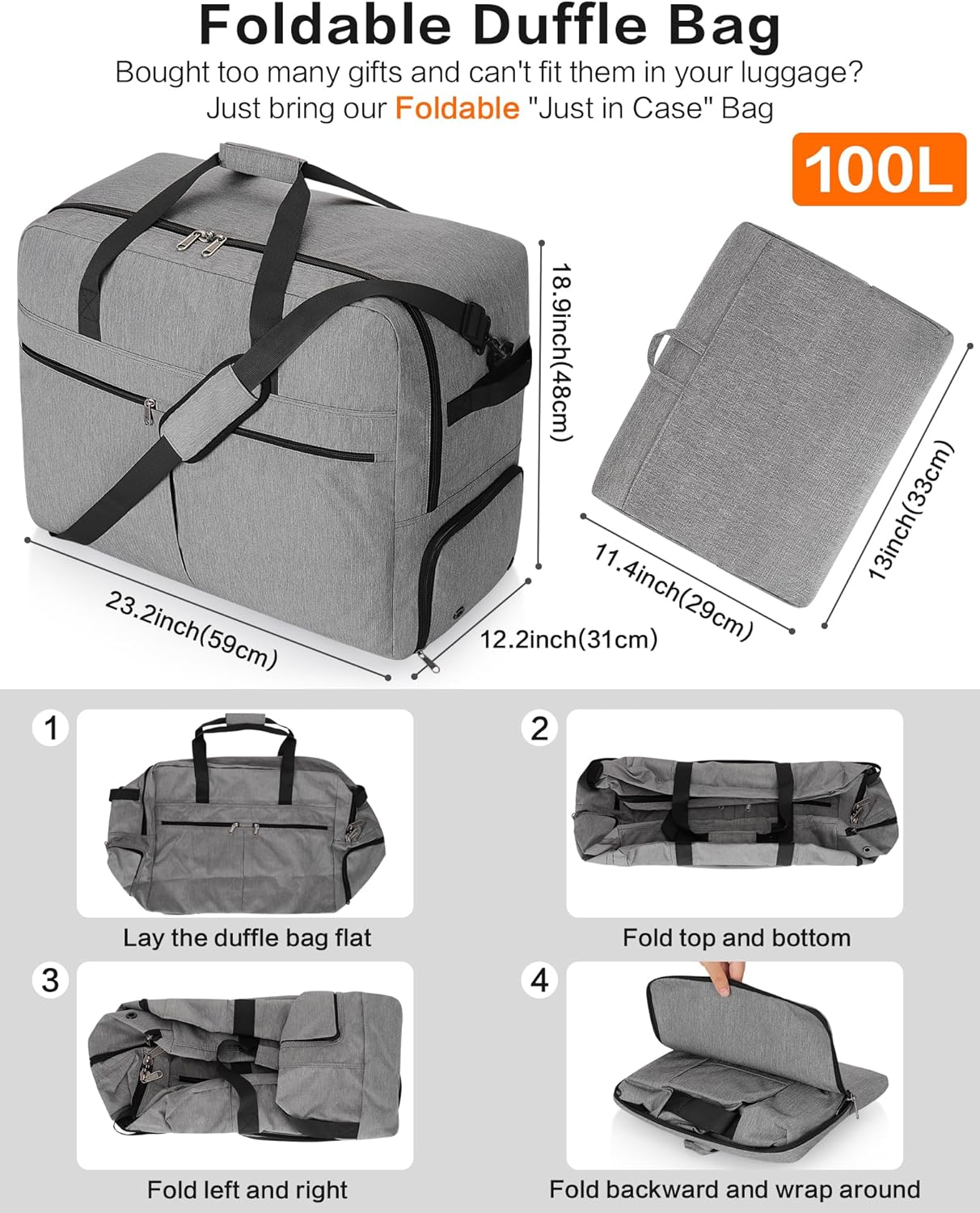 100L Foldable Large Travel Duffle Bag for Men and Women, Packable Duffel Bags with Shoe Compartment, Water Repellent & Tear Resistant (Gray)