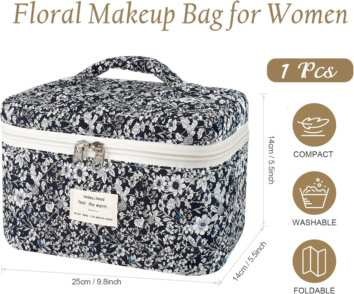 Large Travel Quilted Makeup Bag for Women, Floral Cotton Cosmetic Bag Cute Coquette Aesthetic Floral Toiletry Organizer Bag for Girls Little Black Rose Cosmetic Zipper Storage Bag