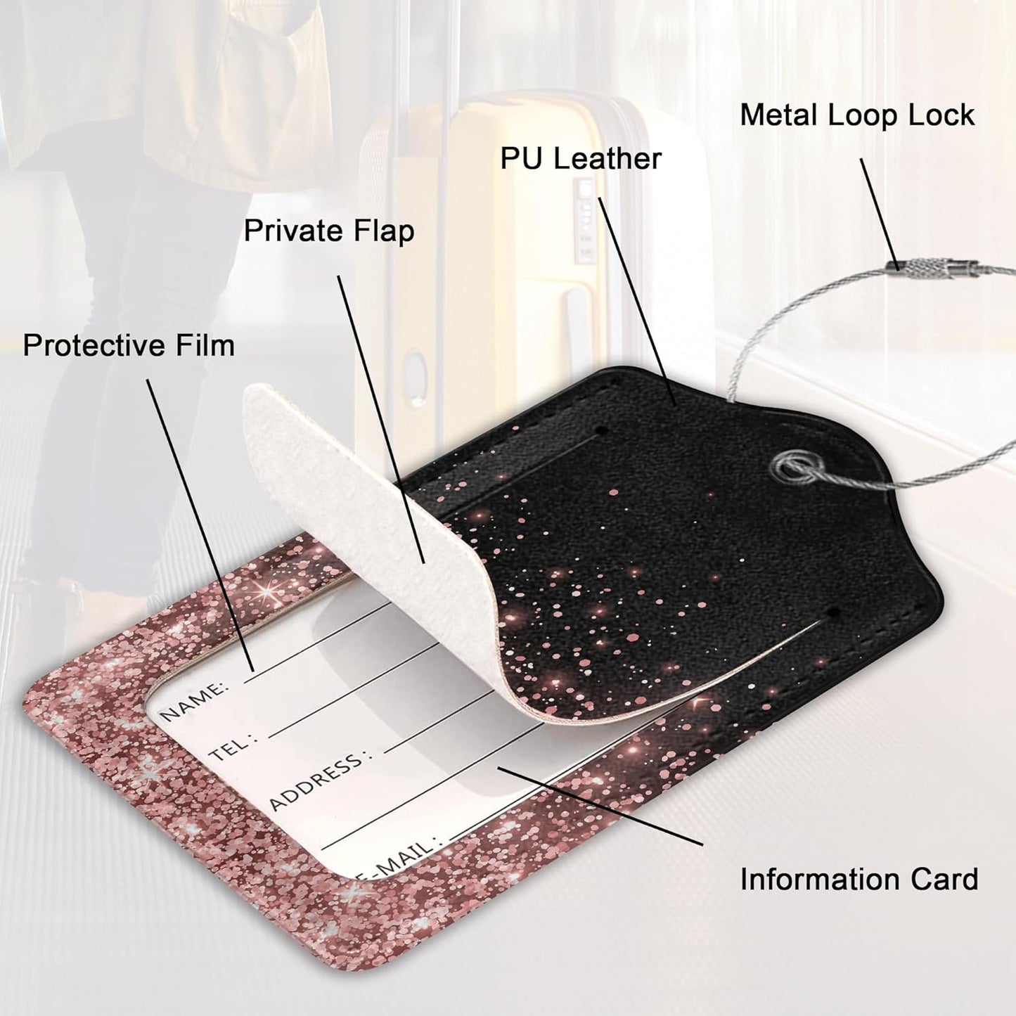 Leather Luggage Tags for Adults Teens,2 Pack Rose Gold Glitter Travel Bag Suitcase Labels with Stainless Steel Loop ID Tags Card Baggage Bag Label