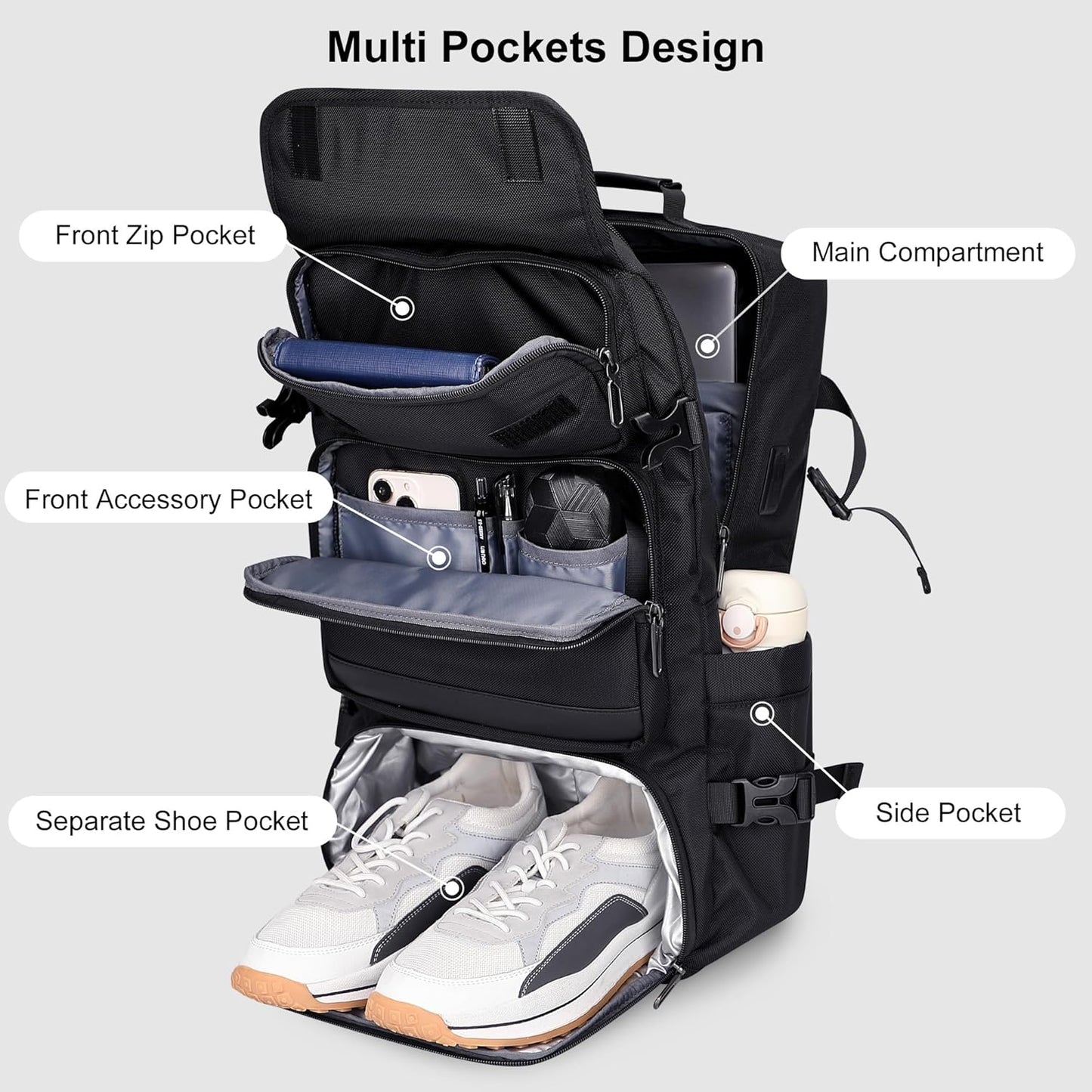 PIJUSHI Carry on Travel Backpack for Women Men Convertible Duffel Bag Backpack Large Luggage Rucksack Fit 16 Inch Laptop(PE039 Black)