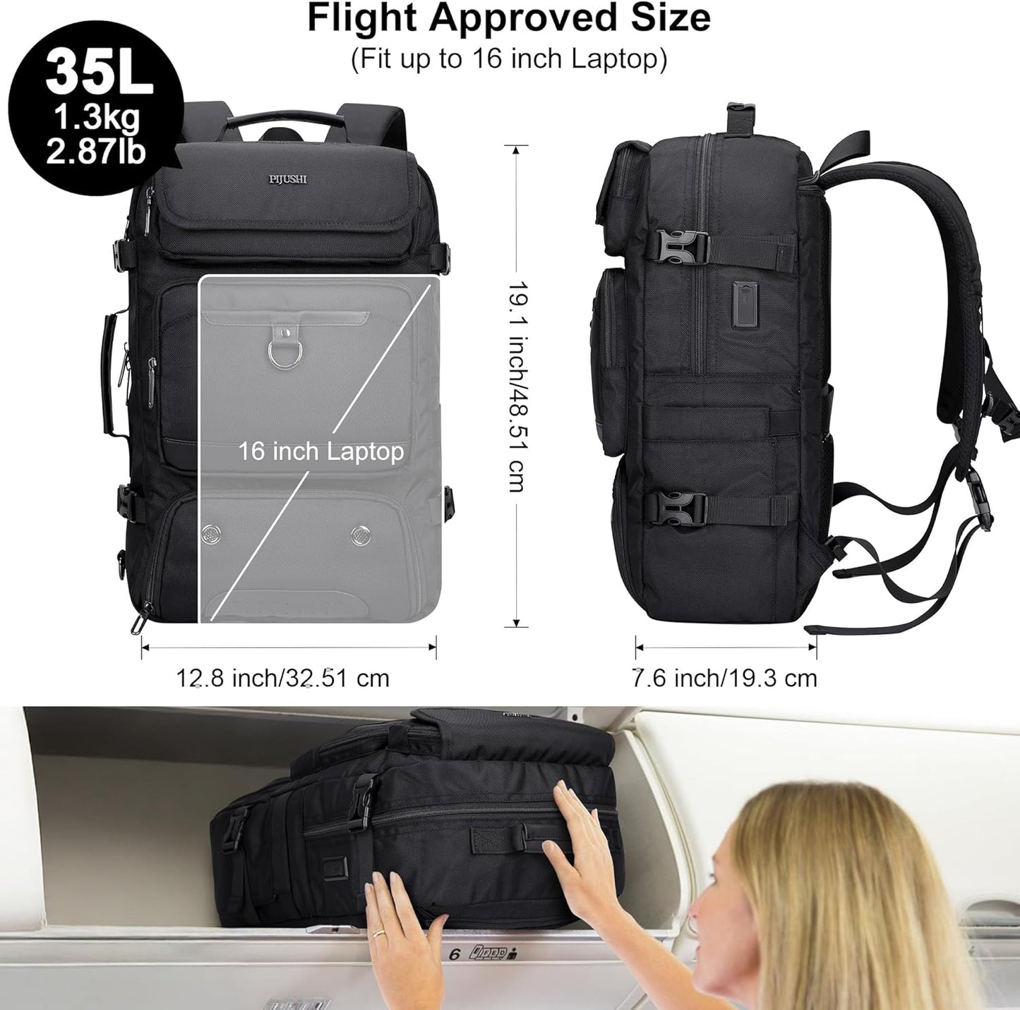 PIJUSHI Carry on Travel Backpack for Women Men Convertible Duffel Bag Backpack Large Luggage Rucksack Fit 16 Inch Laptop(PE039 Black)