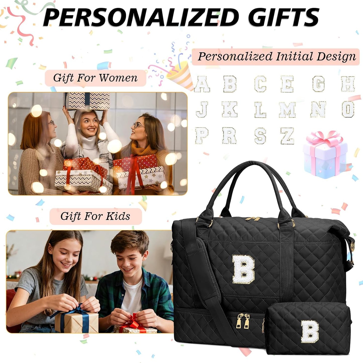Gifts for Women Girls Christmas Initial Travel Duffle Bag Quilted Weekender Bags Carry-On Overnight with Cosmetic Bag, Gym Bag with Shoe Compartment, Black B