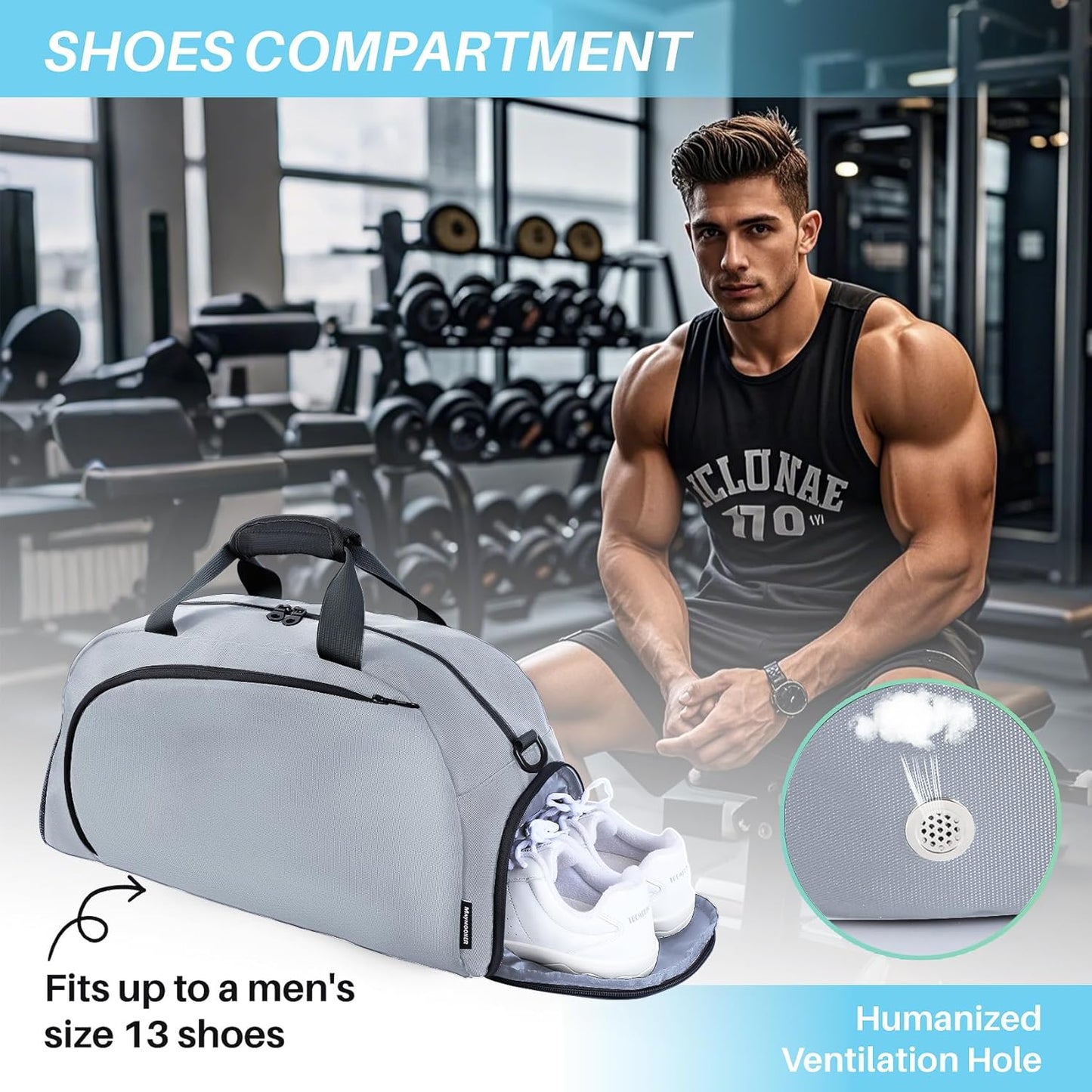 Small Gym Bag with Shoes Compartment & Wet Pocket,Unisex Sport Duffel Bag for Pickleball Paddle,Waterproof Workout Weekender Overnight Bags for Travel Yoga Swimming,Silver Grey