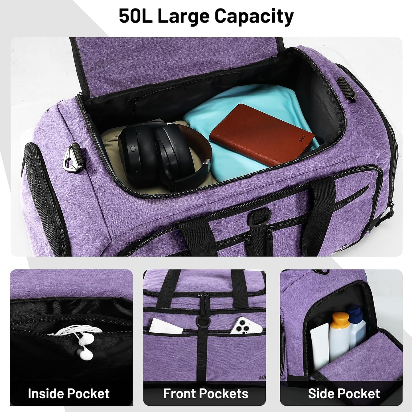 MIER Foldable Duffle Bag with Shoe Compartment 50L Travel Duffel Bags for Men Women Packable Overnight Bag for Camping Gym Weekender, Purple