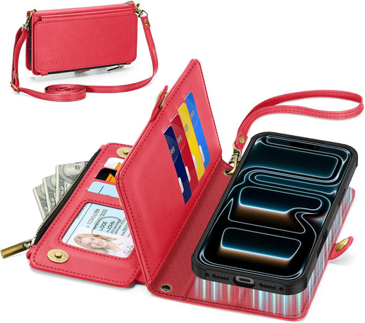 TUCCH Detachable Crossbody Wallet Case for iPhone 17 Pro Max 6.9", 10 Card Slots RFID Blocking | Stand | Lanyard Wrist Strap | Wireless Charging | Zipper Pocket | PU Leather Magnetic Cover | Red