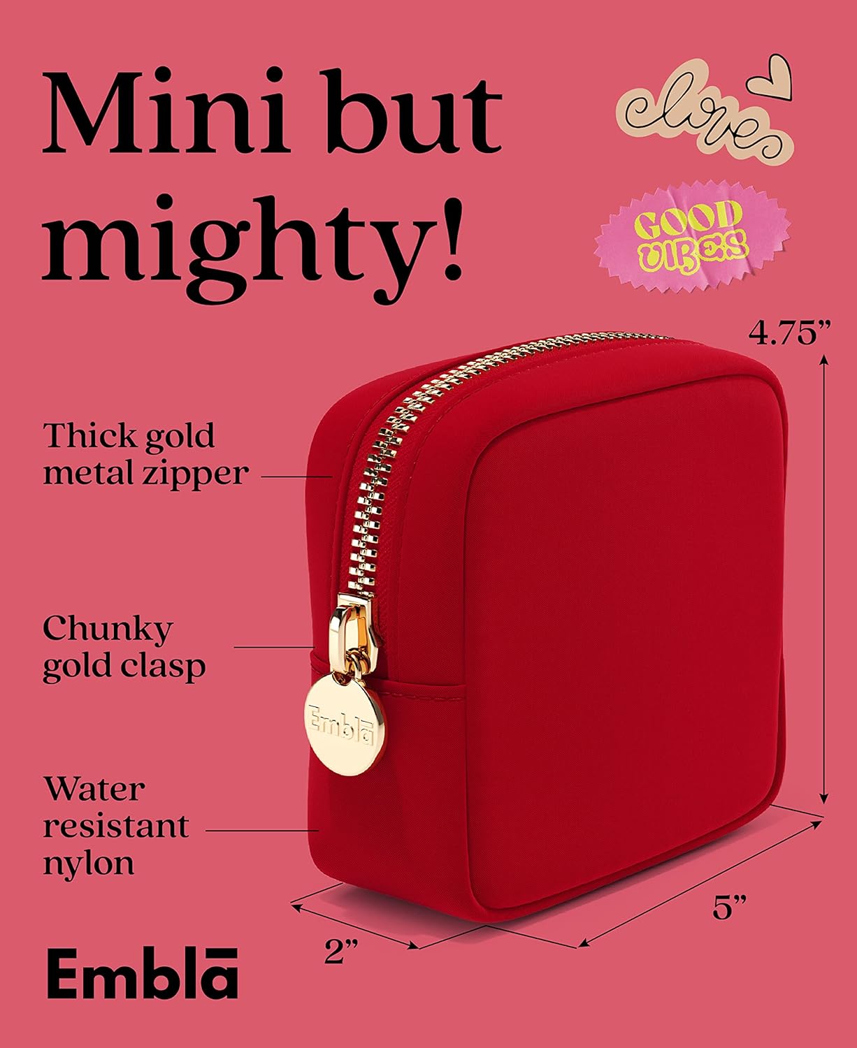 Embla Makeup Bag Travel Cosmetics Pouch and Toiletry Bag, Nylon Zipper Pouch Purse, Cute Make Up Organizer Storage Tote for Women Girls, Waterproof Travel Skincare Case, Small Makeup Bags, Ruby Red