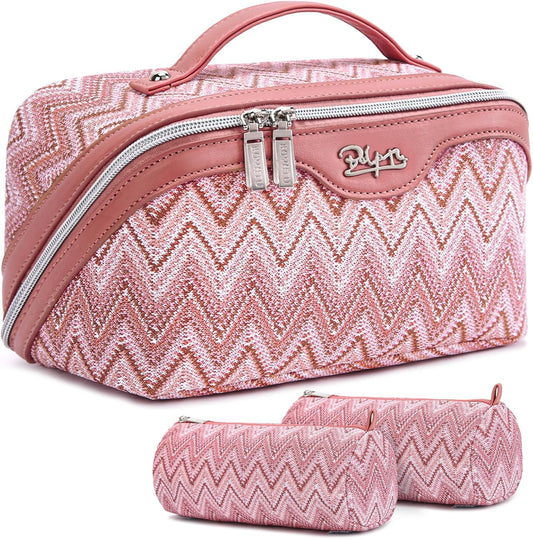 BOYATU Travel Makeup Bag for Women: Western Boho Make up Bag Set of 3 - Large Capacity Vegan Leather Cosmetic Bag - Waterproof Toiletry Bag with Compartments & Handle & Divider(J-5-Red)