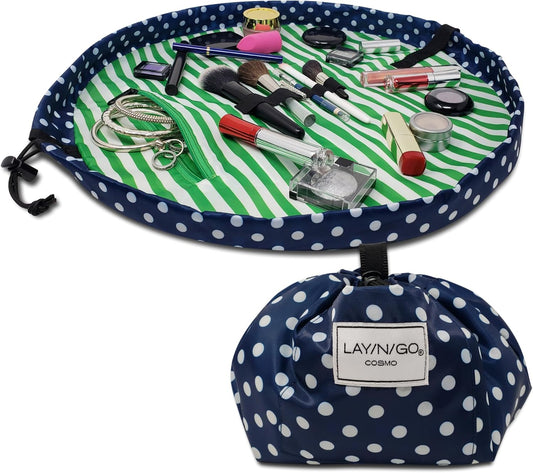 Lay-n-Go Cosmo Layflat Drawstring Cosmetic & Makeup Bag Organizer w/Zipper Pocket, Brush Loops & More, Cinch to Close, Lay Flat to Use, Durable, Machine Wash, Travel Toiletry Bag (20", Navy/Green)