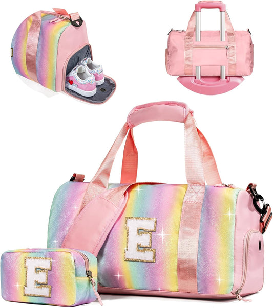 Birthday Gifts for 4 5 6 7 8 9 10 11 12 13 Year Old Girls-Girl Gym Bag with Shoe Compartment, Kid Personalized Dance Bags, Travel Tote with Makeup Pouch, Preppy Things for Girl (Letter E)