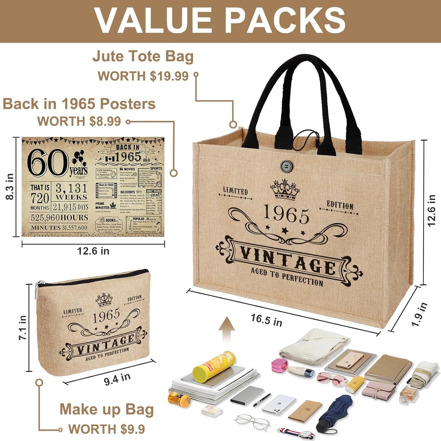 YeohJoy 60th Birthday Gifts for Women Jute Tote Bag, Vintage 1965 Burlap Bag with Cosmetic Bag and Back in 1965 Poster, Unique 60 Years Old Gifts for Mom Friends Wife Sister Her