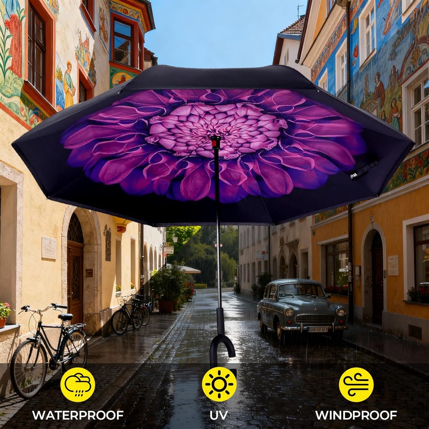 LLanxiry Windproof Inverted Umbrella, Large Reverse Umbrellas for Rain with C-shaped Handle Big Upside Down Inside Out Umbrella for Women & Men