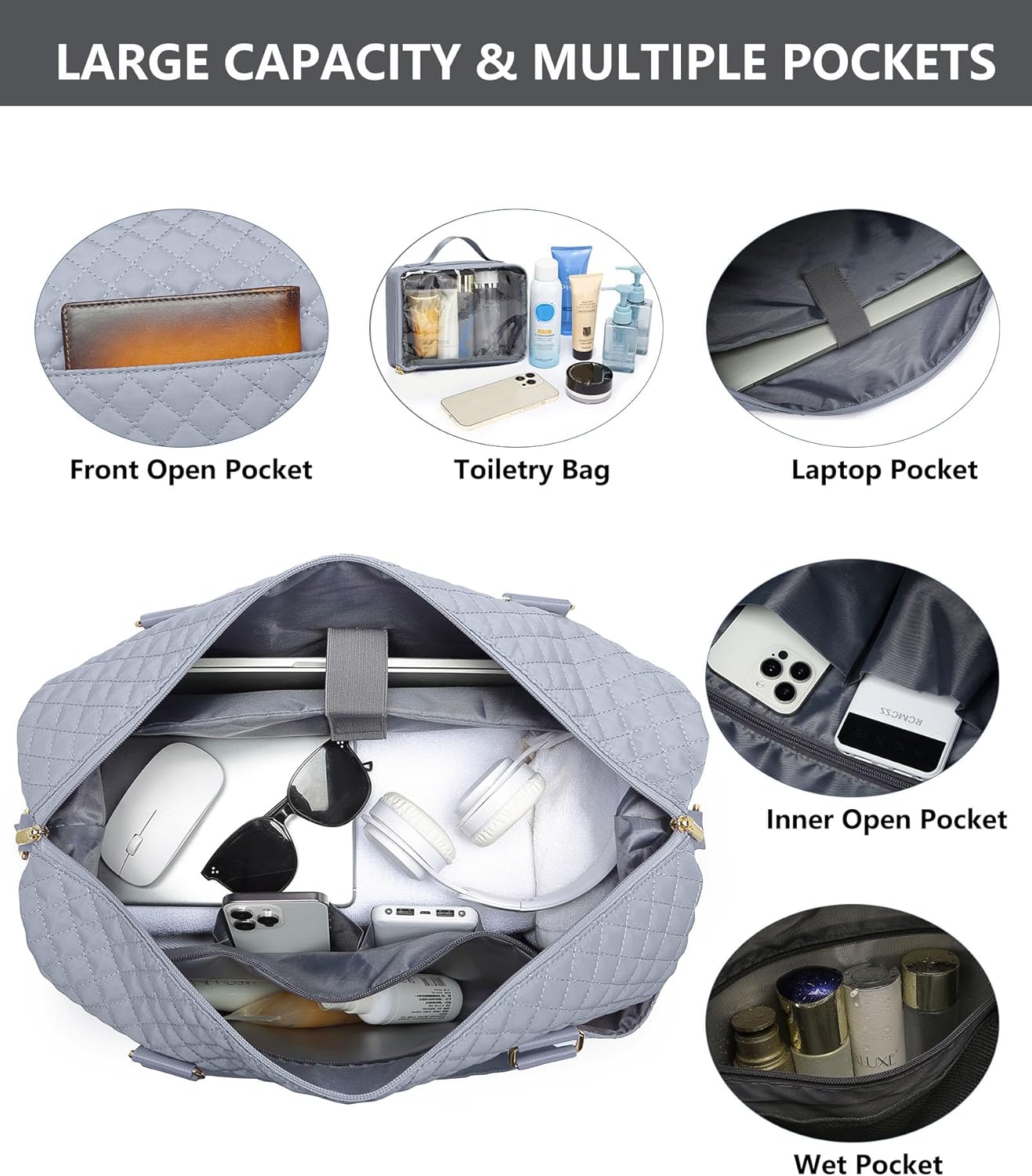 Travel Overnight Bag Weekender Bags- Duffle Bags Women with Shoe Compartment Carry on Overnight Bag with Toiletry Gym Duffel with Wet Pocket Hospital Bags Grey