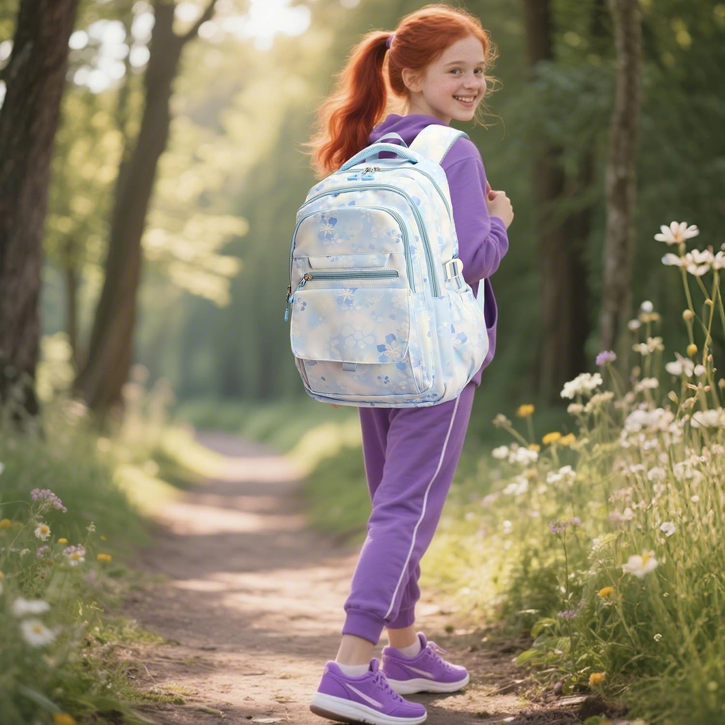 Kids Backpack for Girls Flower schoolbag with Lunch Bag & Pen Case Waterproof Girl Bookbag for Elementary school (blue)
