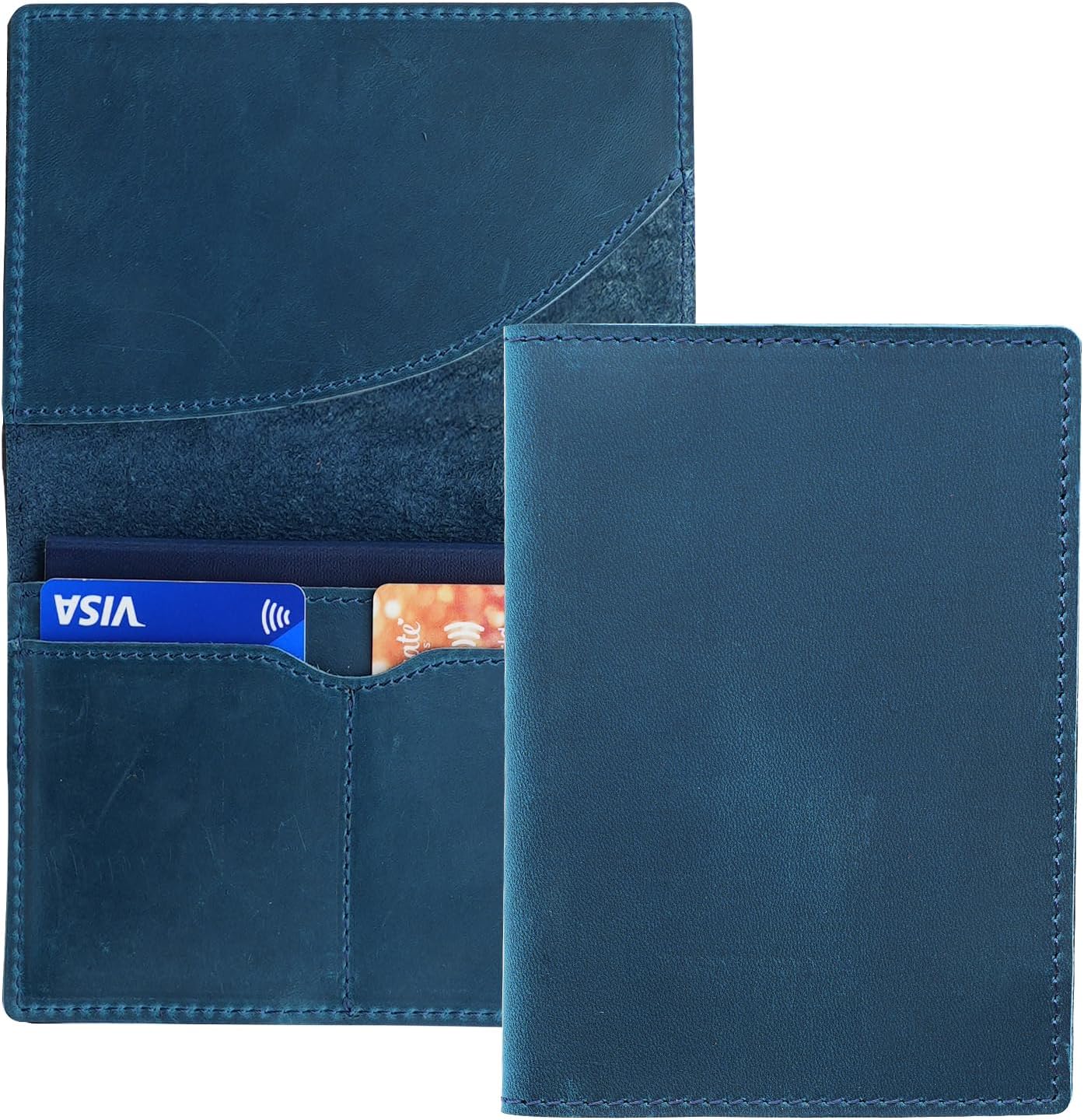 Leather Passport Holder with Travel Wallet, Genuine Leather Passport Cover- Passport Wallet, Leather Folding Wallet for Passports (Oval Cut, Blue)