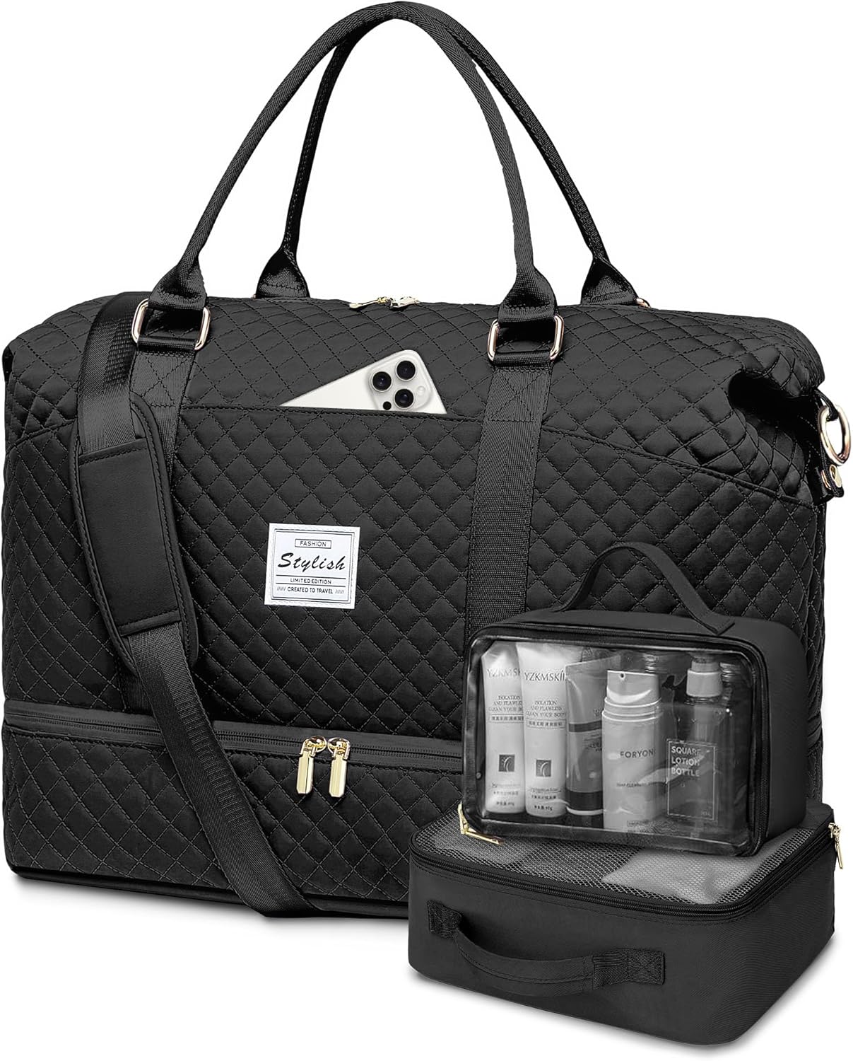 Large Women Travel Duffle Bag - Carry on Overnight Bags Weekend Travel Duffel Tote with Wet Pocket Weekender for Travel Business Trips Sports Hospital Black 3 Pcs Set